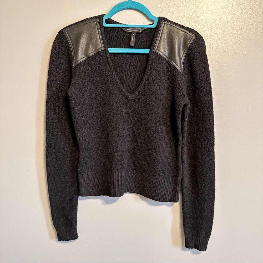 BCBG Max Azria Black Knit Sweater Faux Leather Shoulder Panels Size Small